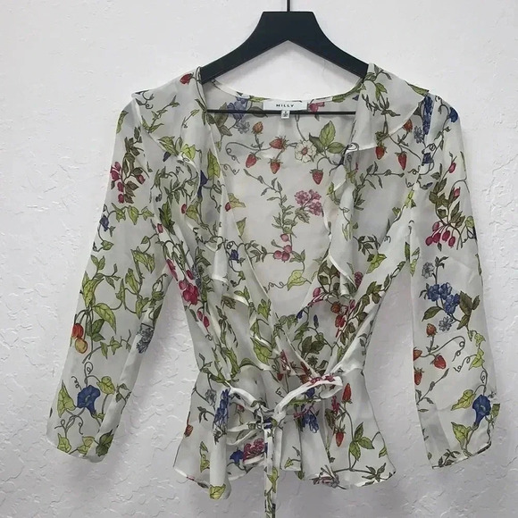 MILLY Women's White Floral Ruffle Wrap Blouse Size 2 - Picture 3 of 8